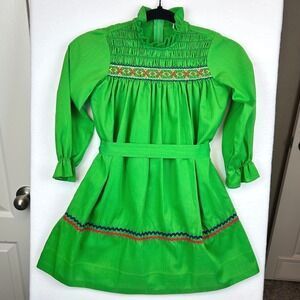 Vintage Polly Flinders Girls Green Hand Smocked Dress Ric Rac Embroidered Size 7